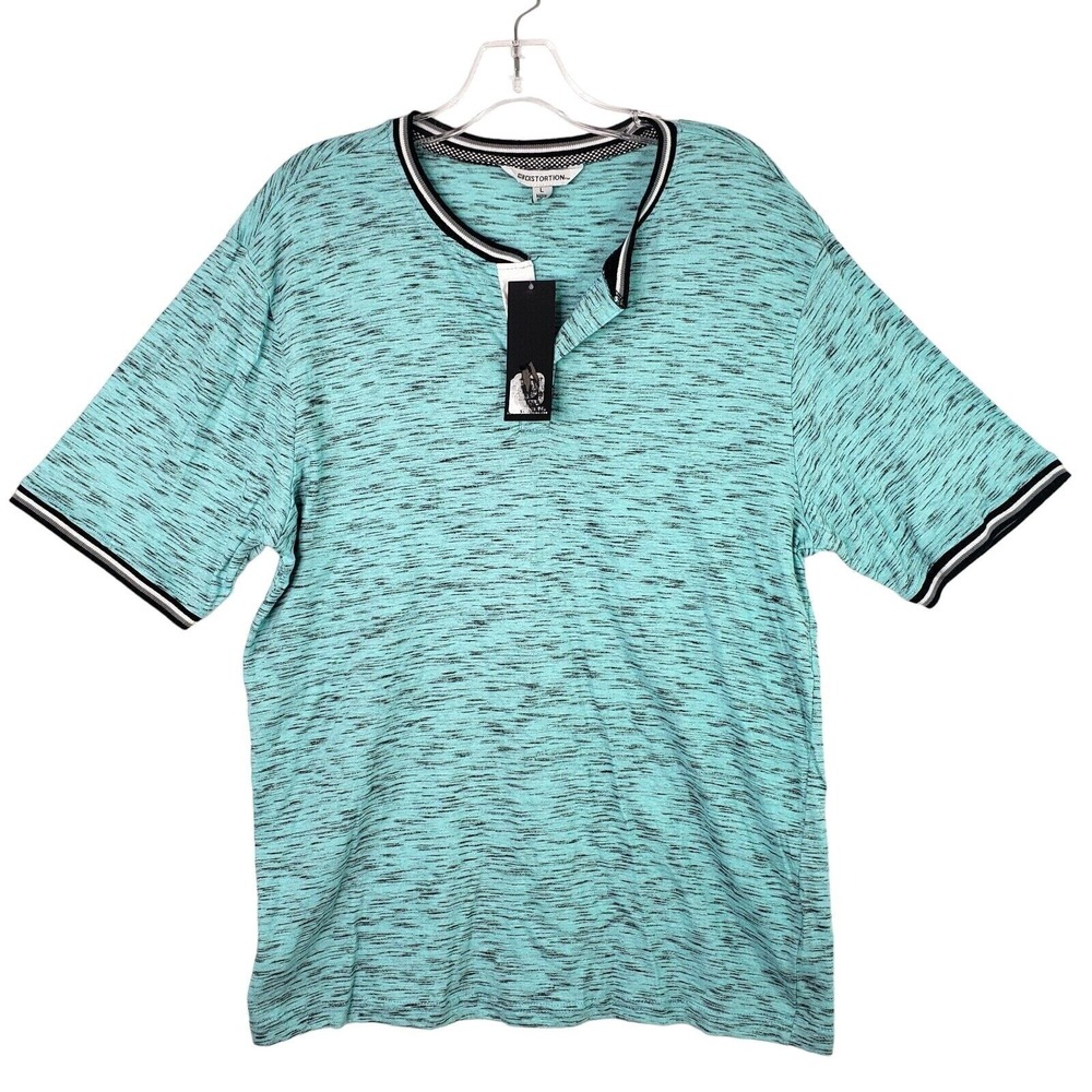 Distortion T-Shirt Mens Large Blue Black Space Dye Henley‎ Short Sleeve Casual
